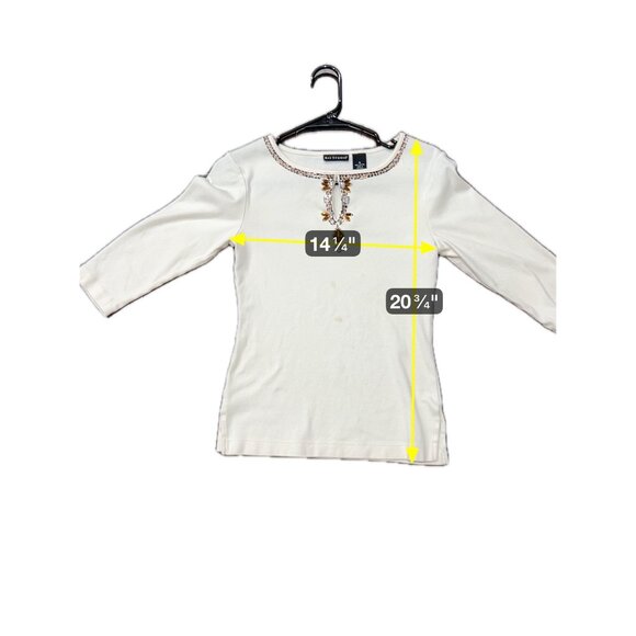 Bay Studio Womens Beaded Embellished Top Small Ivory 3/4 Sleeve 100% Cotton - Picture 7 of 10